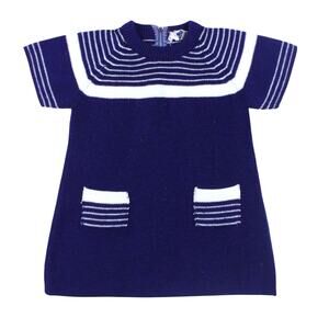 Vintage girls sweater dress mod 60s 70s navy blue stripe nautical retro sz 6